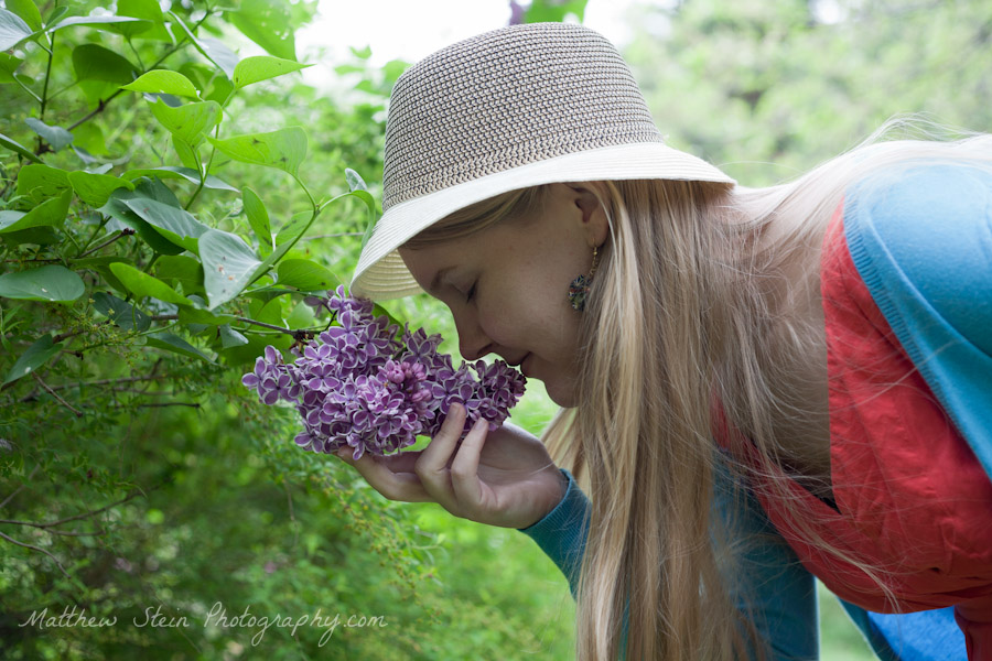 Cathy smelling a Sensation lilac variety